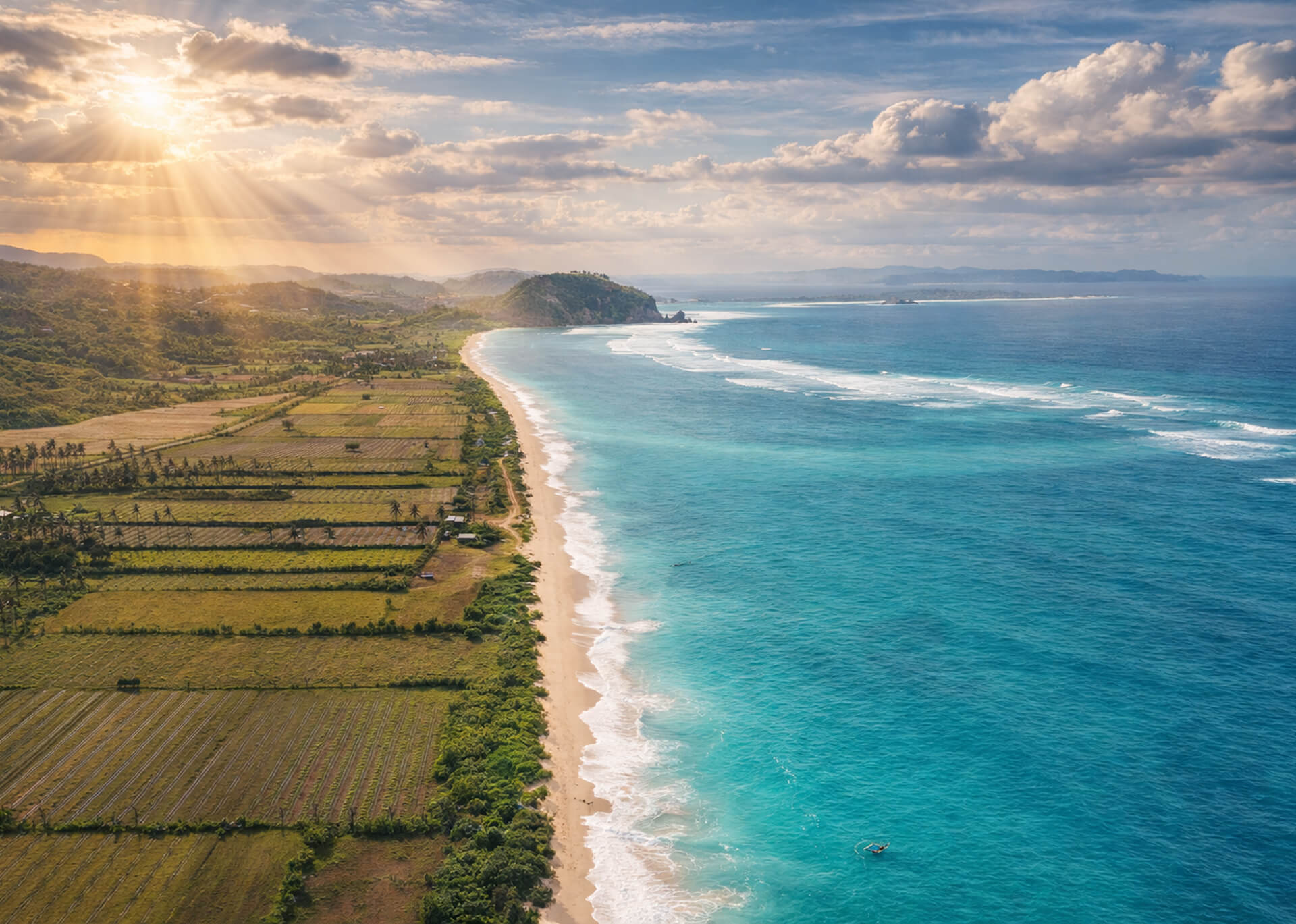 Aerial view of southern Lombok coastline with turquoise waters and beach